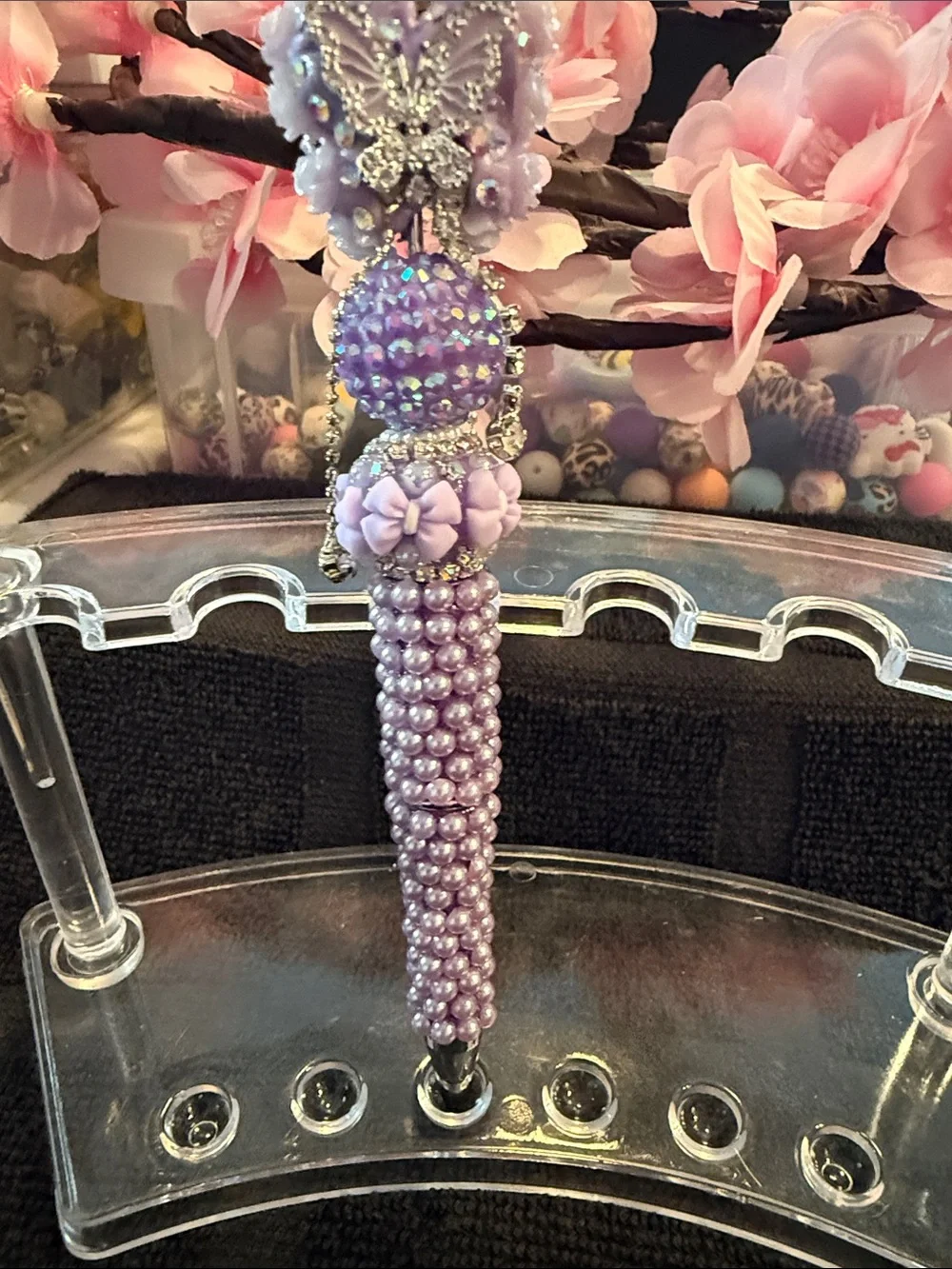 Lavender Beaded Tassel Charm with Butterfly Accent